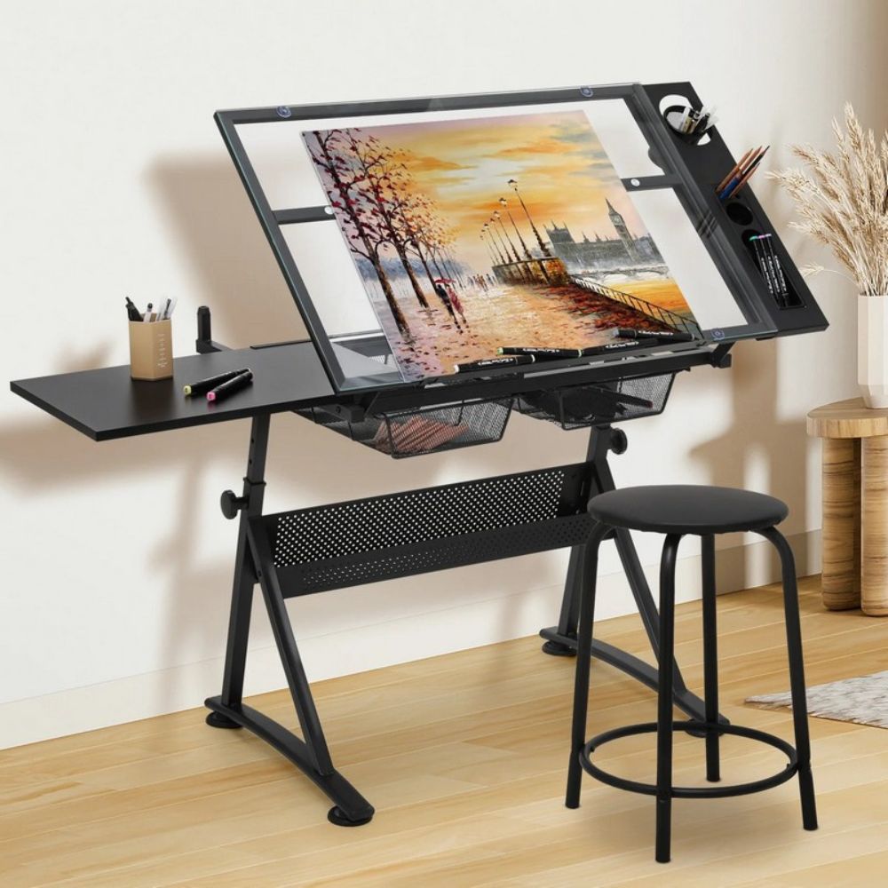 Adjustable Glass Drafting Table with Stool & Storage