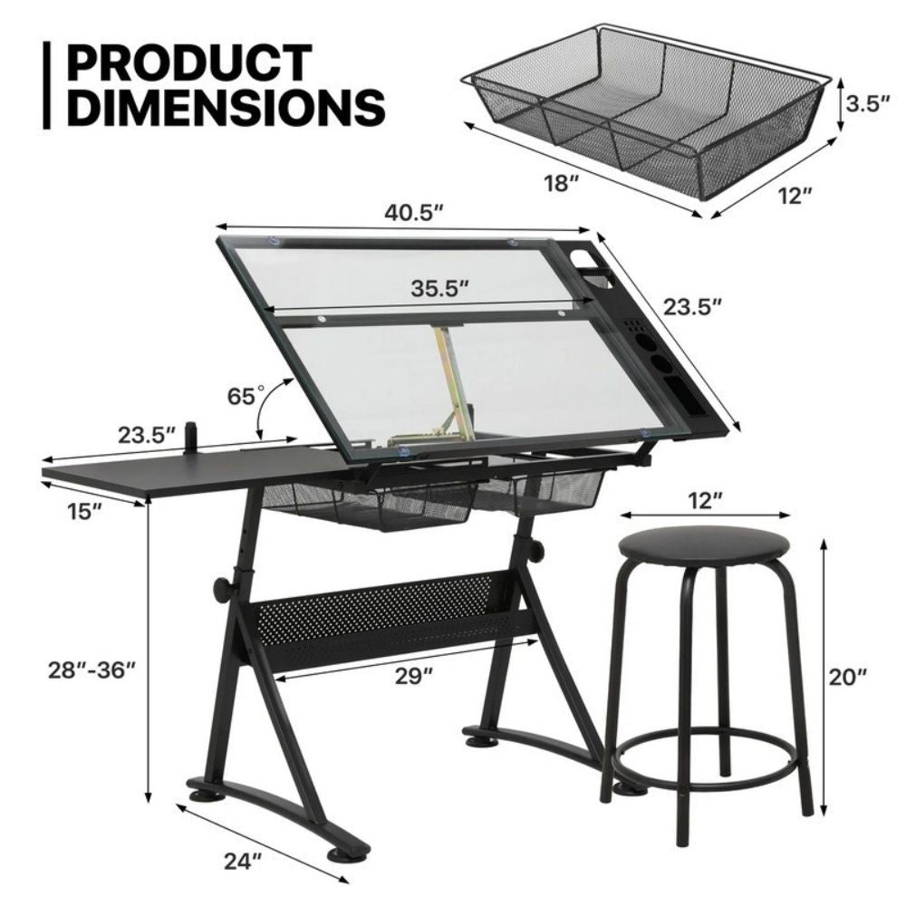 Adjustable Glass Drafting Table with Stool & Storage