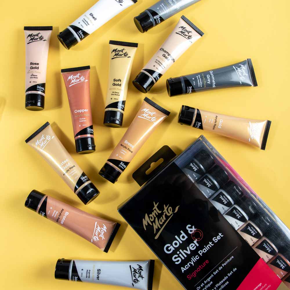 Gold and Silver Acrylic Paint Set Signature 12pc x 36ml - Mont Marte - Glowish