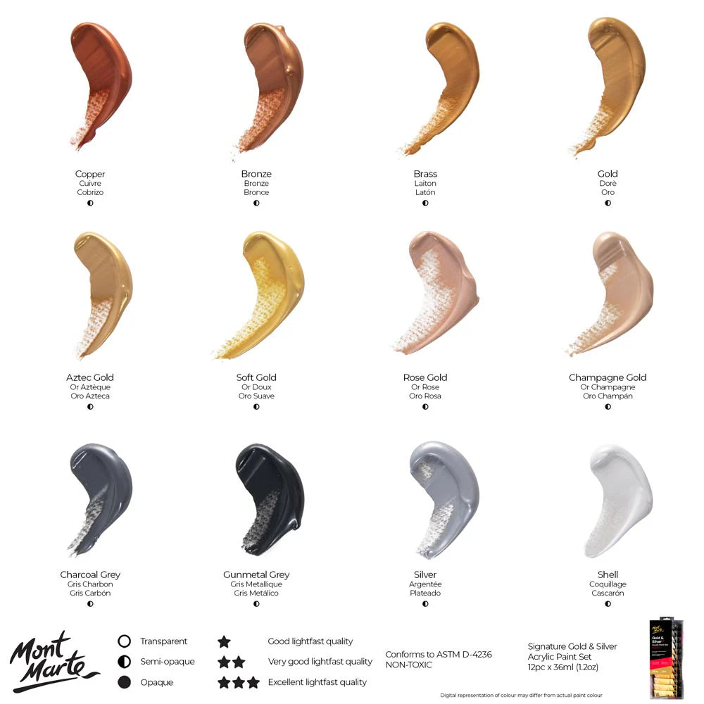 Gold and Silver Acrylic Paint Set Signature 12pc x 36ml - Mont Marte - Glowish