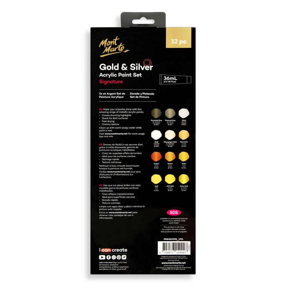 Gold and Silver Acrylic Paint Set Signature 12pc x 36ml - Mont Marte - Glowish