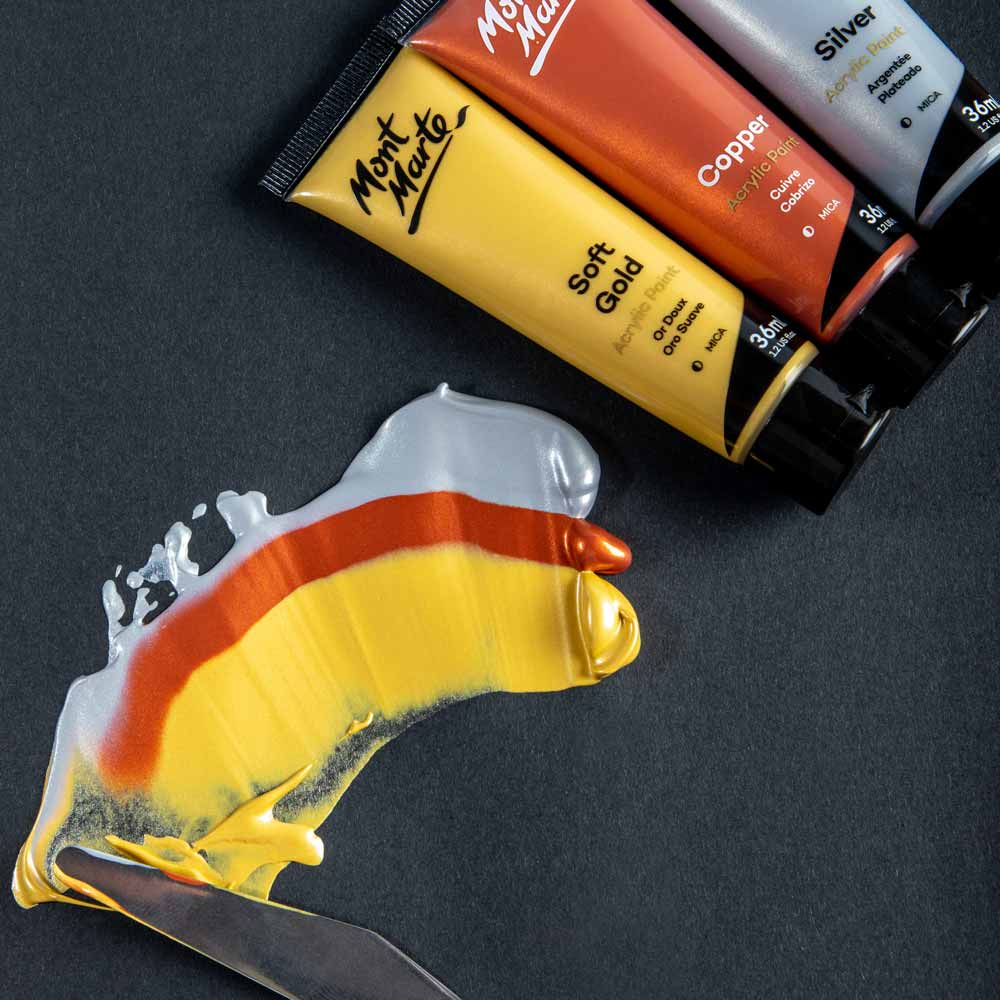 Gold and Silver Acrylic Paint Set Signature 12pc x 36ml - Mont Marte - Glowish