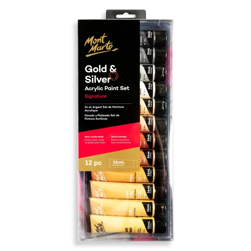Gold and Silver Acrylic Paint Set Signature 12pc x 36ml - Mont Marte - Glowish