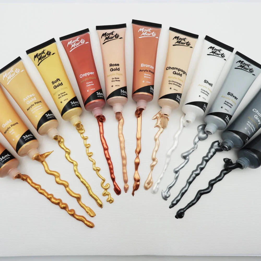 Gold and Silver Acrylic Paint Set Signature 12pc x 36ml - Mont Marte - Glowish