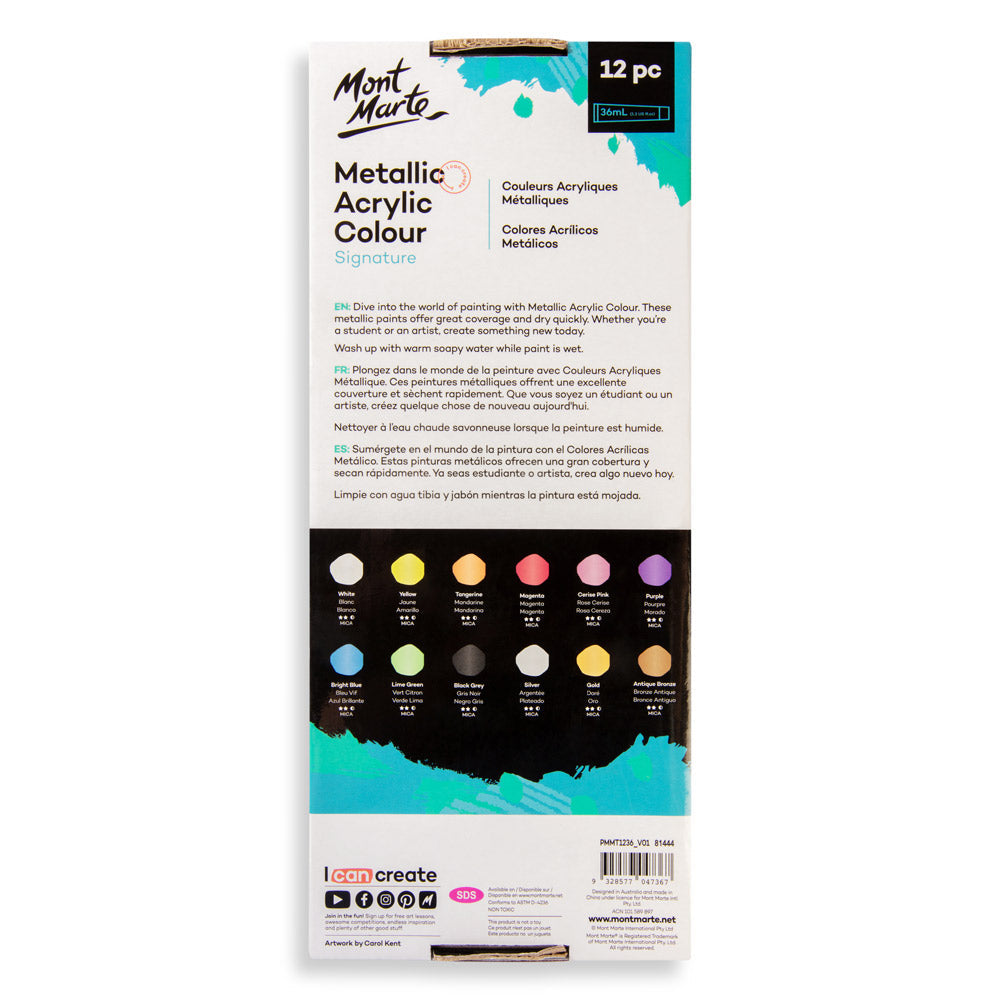 Metallic Acrylic Colour Paint Set Signature 12pc x 36ml - Mont Marte - Glowish