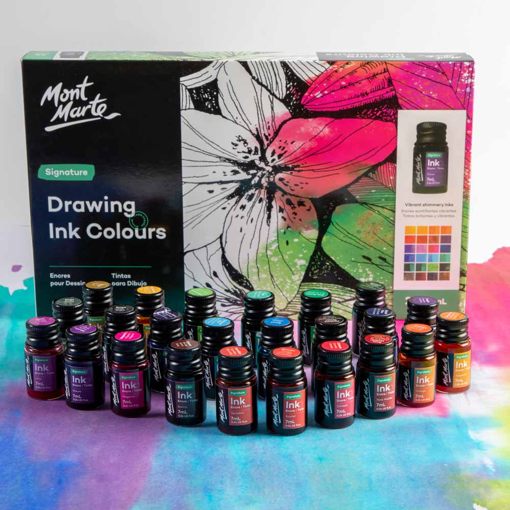 Drawing Ink Colours Signature 24pc x 7ml (0.24 US fl.oz) - Mont Marte - Glowish