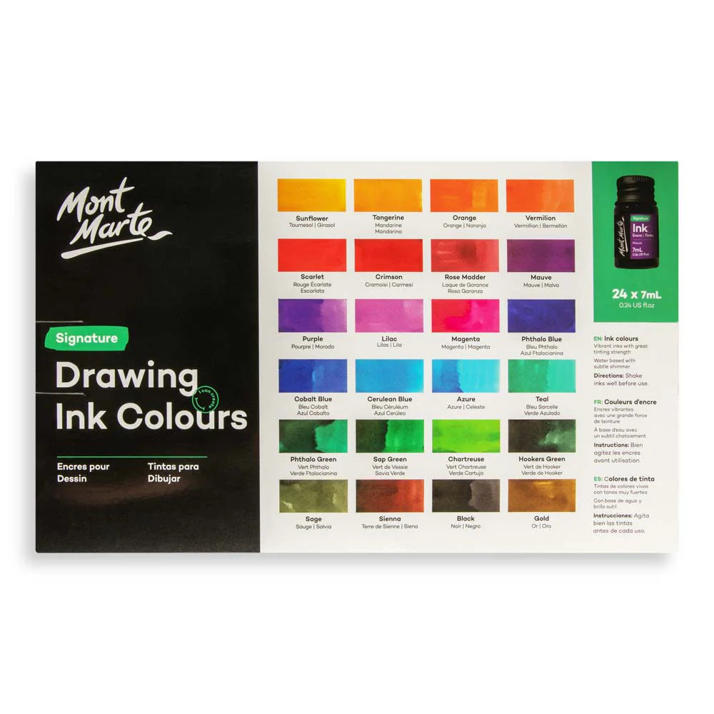 Drawing Ink Colours Signature 24pc x 7ml (0.24 US fl.oz) - Mont Marte - Glowish