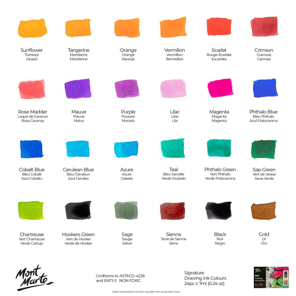 Drawing Ink Colours Signature 24pc x 7ml (0.24 US fl.oz) - Mont Marte - Glowish