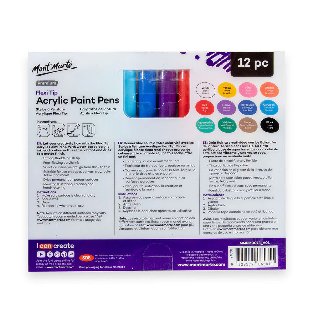 Flexi Tip Acrylic Paint Pens Premium 12pc - Mont Marte - Glowish