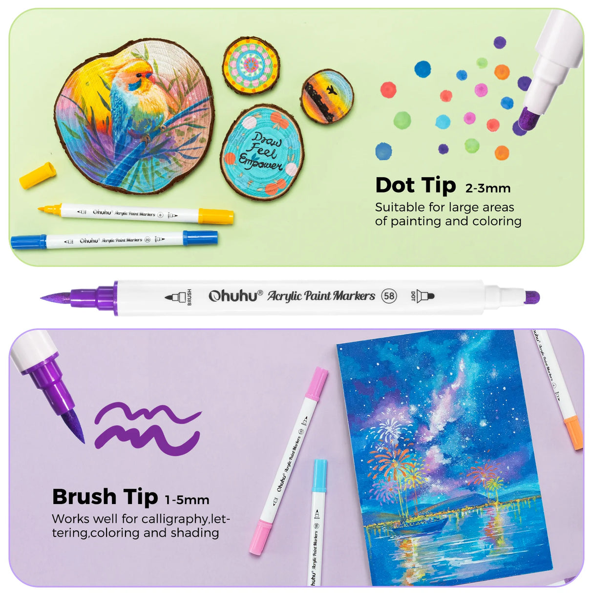 Ohuhu Acrylic Paint Markers 36 Colours, Brush & Dot Tip