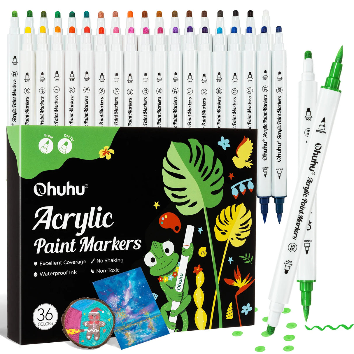 Ohuhu Acrylic Paint Markers 36 Colours, Brush & Dot Tip