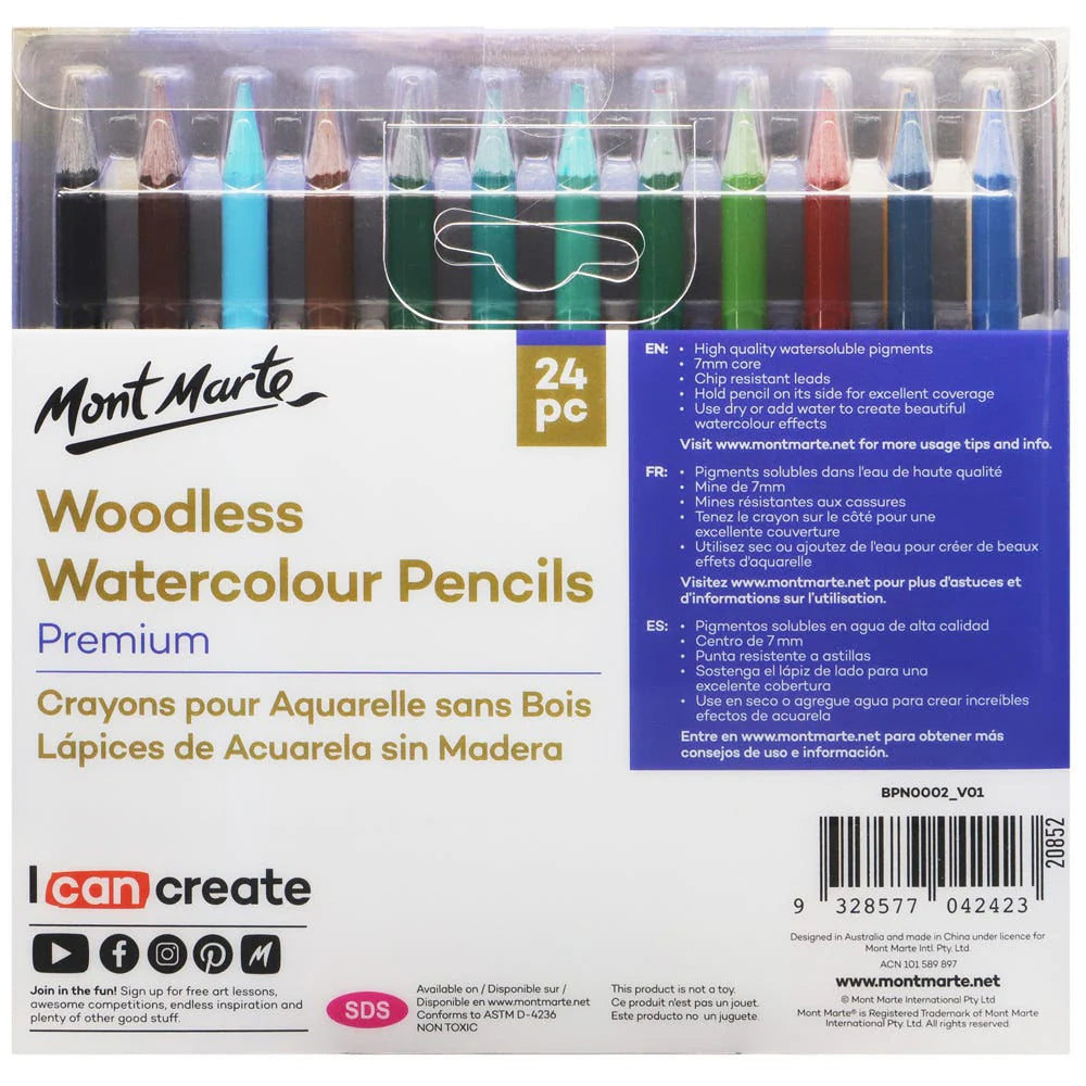 Woodless Watercolour Pencils Premium 24pc - Mont Marte - Glowish