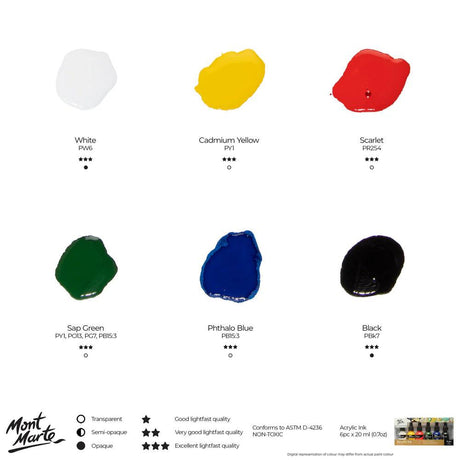 Acrylic Ink Premium 6pc x 20ml - Mont Marte - Glowish