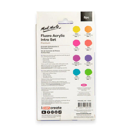 Fluoro Acrylic Paint Intro Set Premium 8pc x 18ml - Mont Marte - Glowish