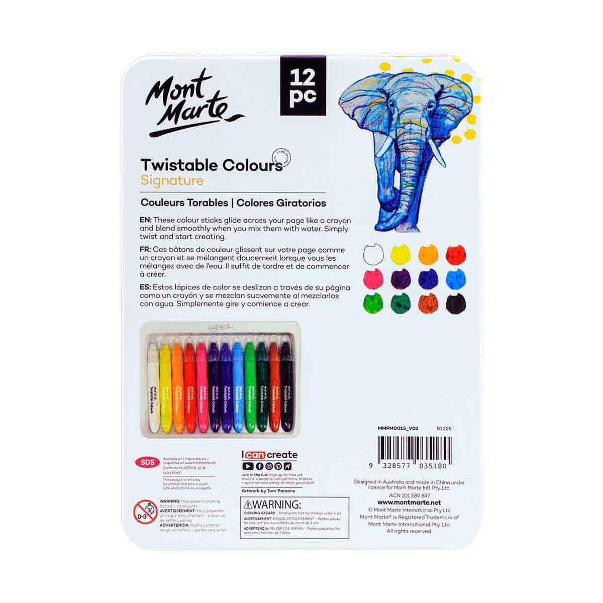Mont Marte Studio Twistable Colours Signature 12pc Tin Box MMPM0015 back