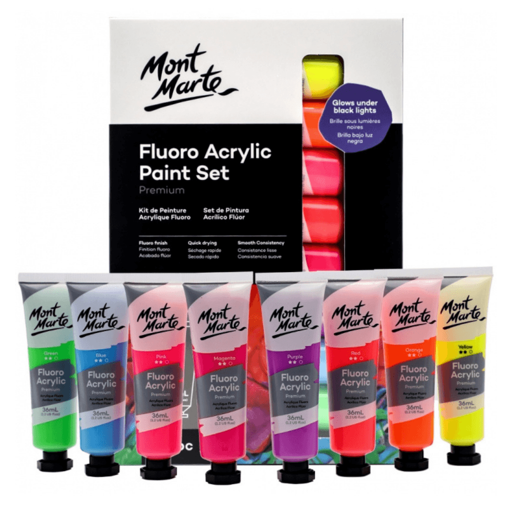 Fluoro Acrylic Paint Set Premium 8 x 36ml (1.2oz) Mont Marte Craft Art Supply - Glowish