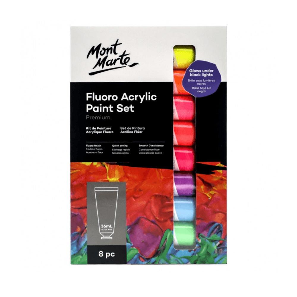 Fluoro Acrylic Paint Set Premium 8 x 36ml (1.2oz) Mont Marte Craft Art Supply - Glowish
