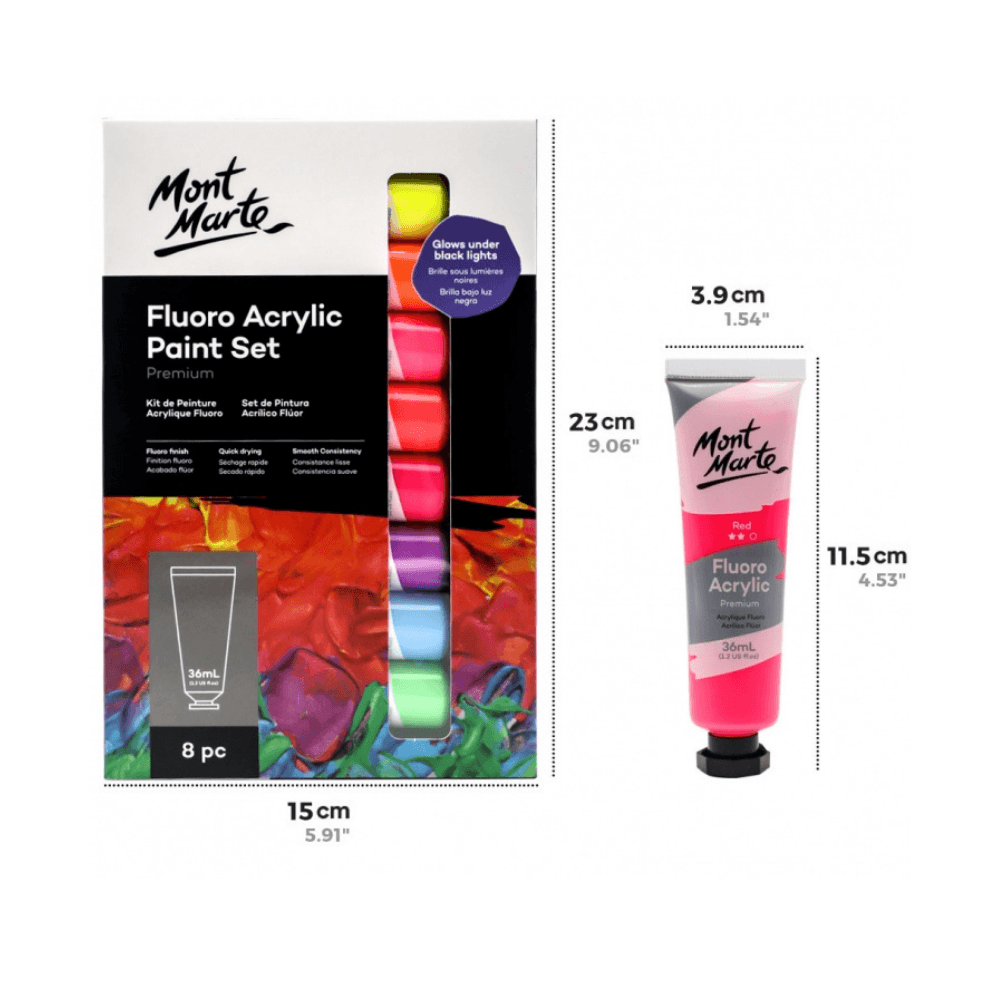 Fluoro Acrylic Paint Set Premium 8 x 36ml (1.2oz) Mont Marte Craft Art Supply - Glowish