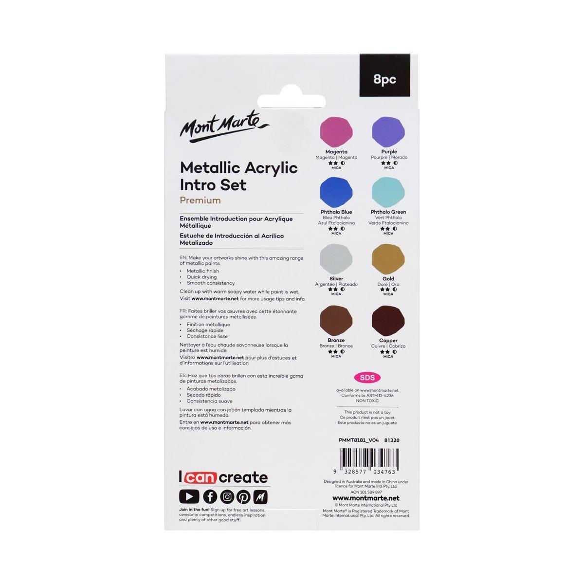 Metallic Acrylic Paint Intro Set 8pcs x 18ml (0.6oz) - Mont Marte - Glowish
