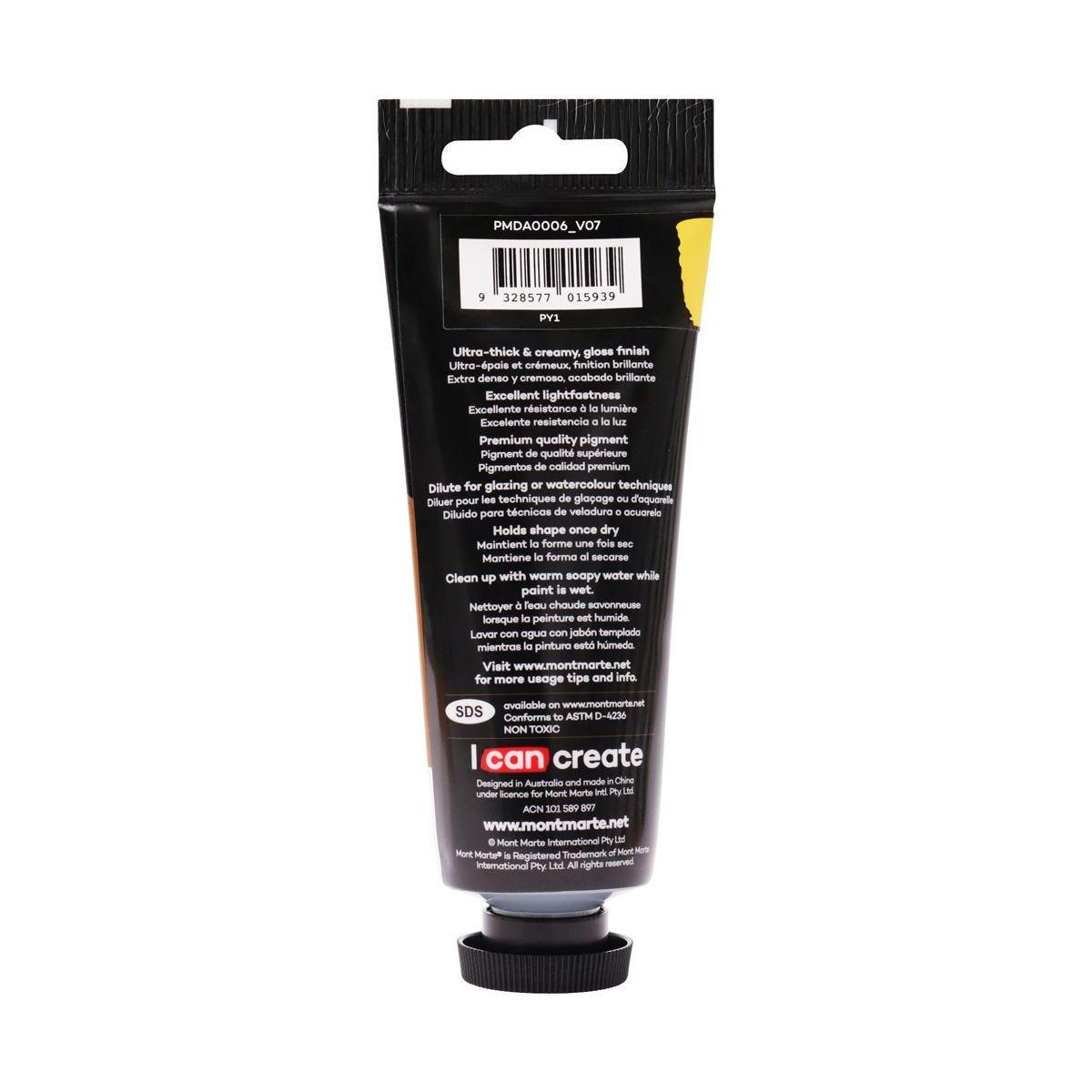 Mont Marte Dimension Acrylic Premium 75ml Tube - Medium Yellow - Glowish