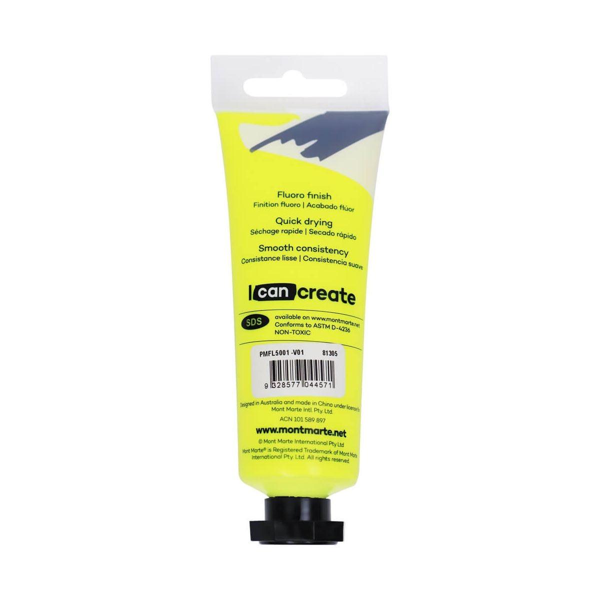Mont Marte Fluoro Acrylic Paint Premium 50ml Tube - Yellow - Glowish