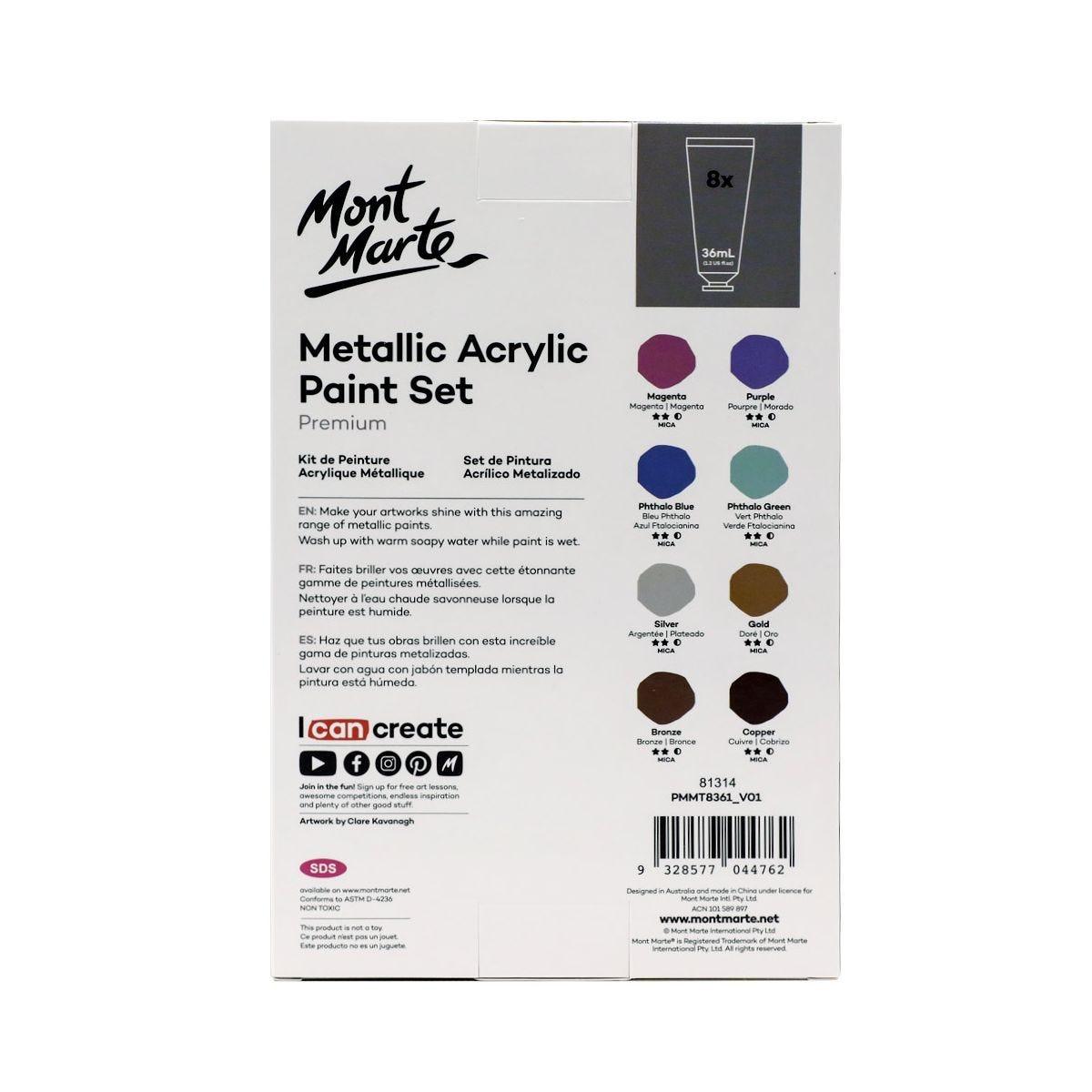 Mont Marte Metallic Acrylic Paint Set 8pcs x 36ml - Glowish