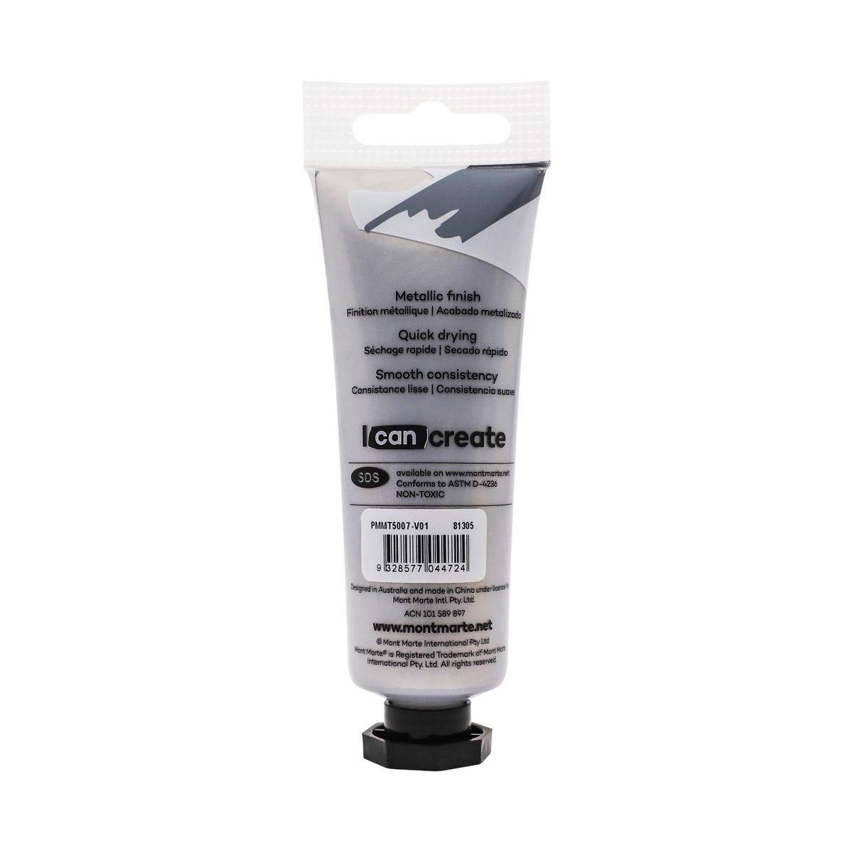 Mont Marte Metallic Acrylic Paint Tube Premium 50ml (1.7oz) - Silver - Glowish
