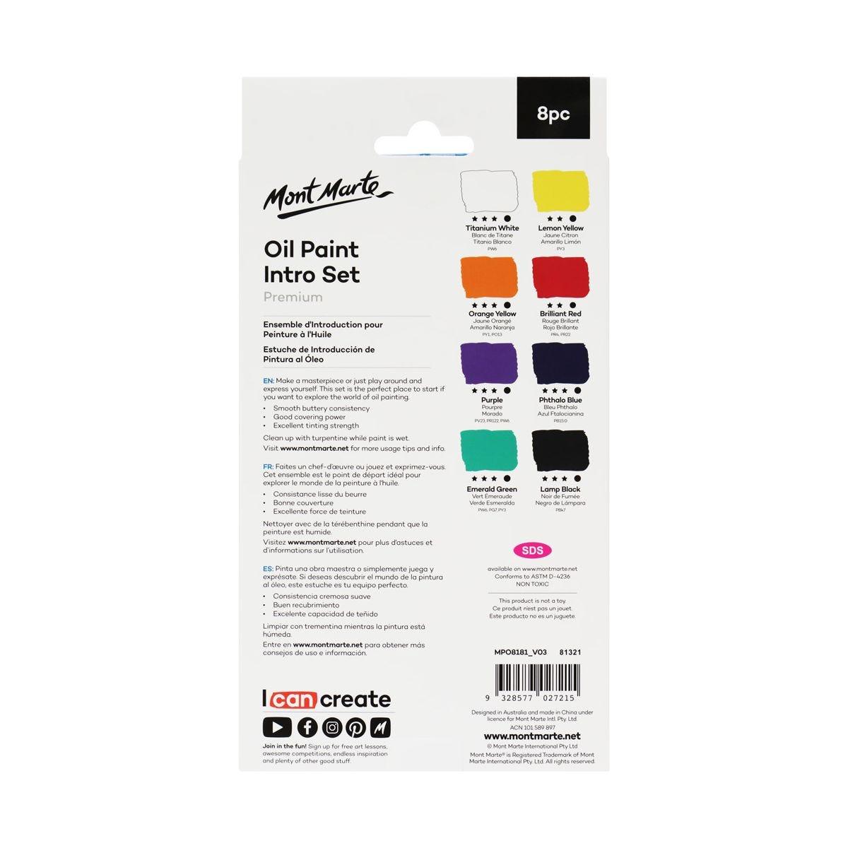 Mont Marte Oil Paint Intro Set Premium 8pcs x 18ml (0.6oz) - Glowish