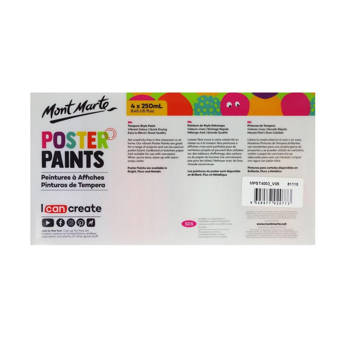 Mont Marte Poster Paint 250ml 4pc (8.45oz) - Metallic - Glowish