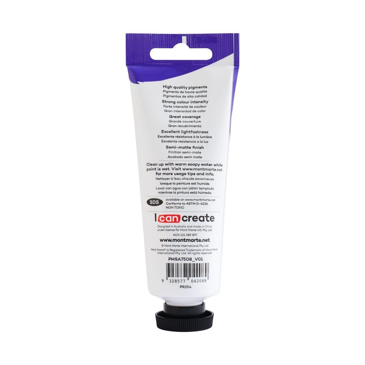 Mont Marte Satin Acrylic Paint Tube 75ml - Brilliant Red - Glowish