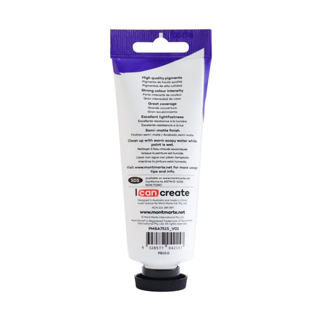 Mont Marte Satin Acrylic Paint Tube 75ml - Phthalo Blue - Glowish