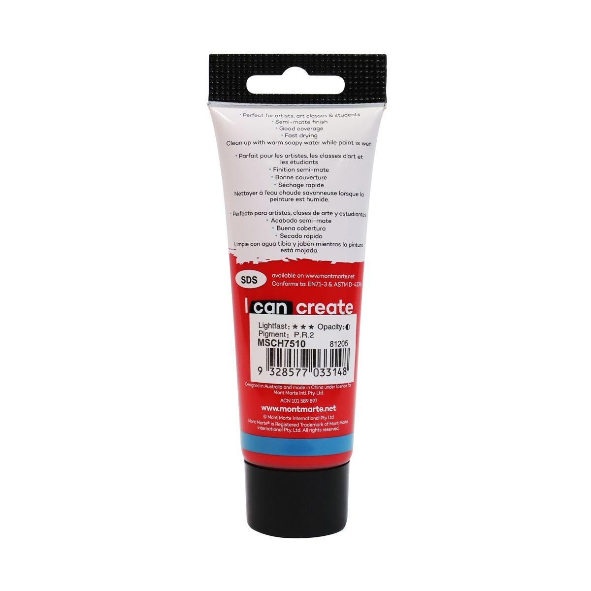 Mont Marte Studio Acrylic Paint Tube 75ml - Brilliant Red - Glowish