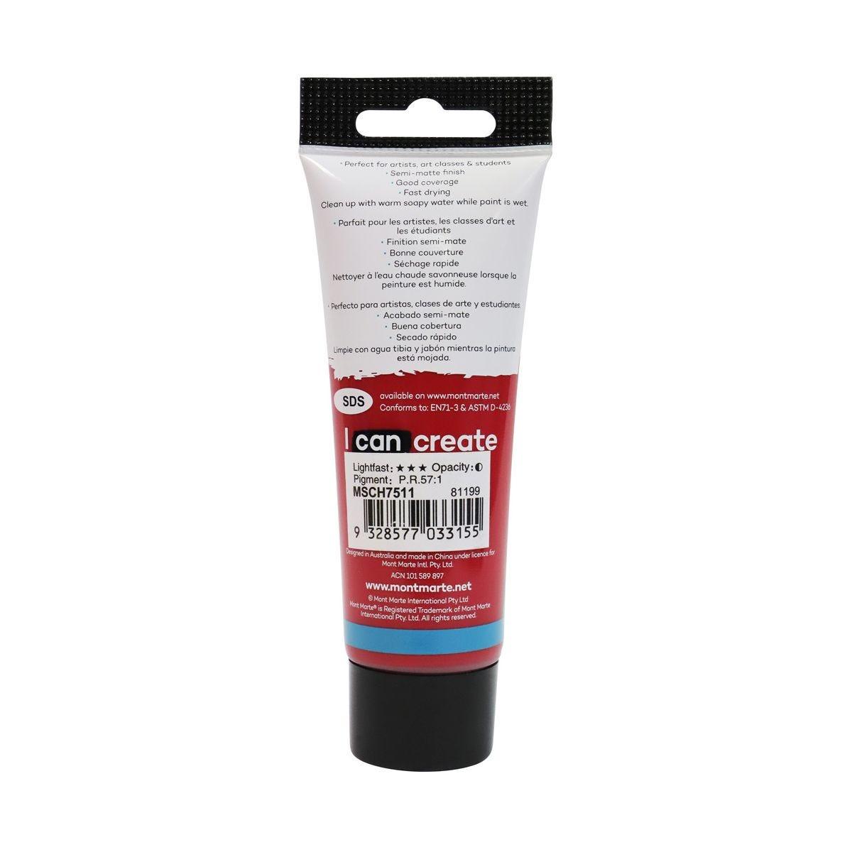 Mont Marte Studio Acrylic Paint Tube 75ml - Crimson - Glowish