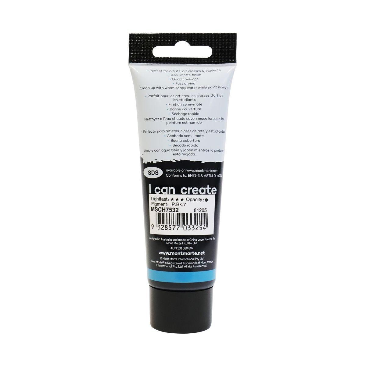 Mont Marte Studio Acrylic Paint Tube 75ml - Lamp Black - Glowish