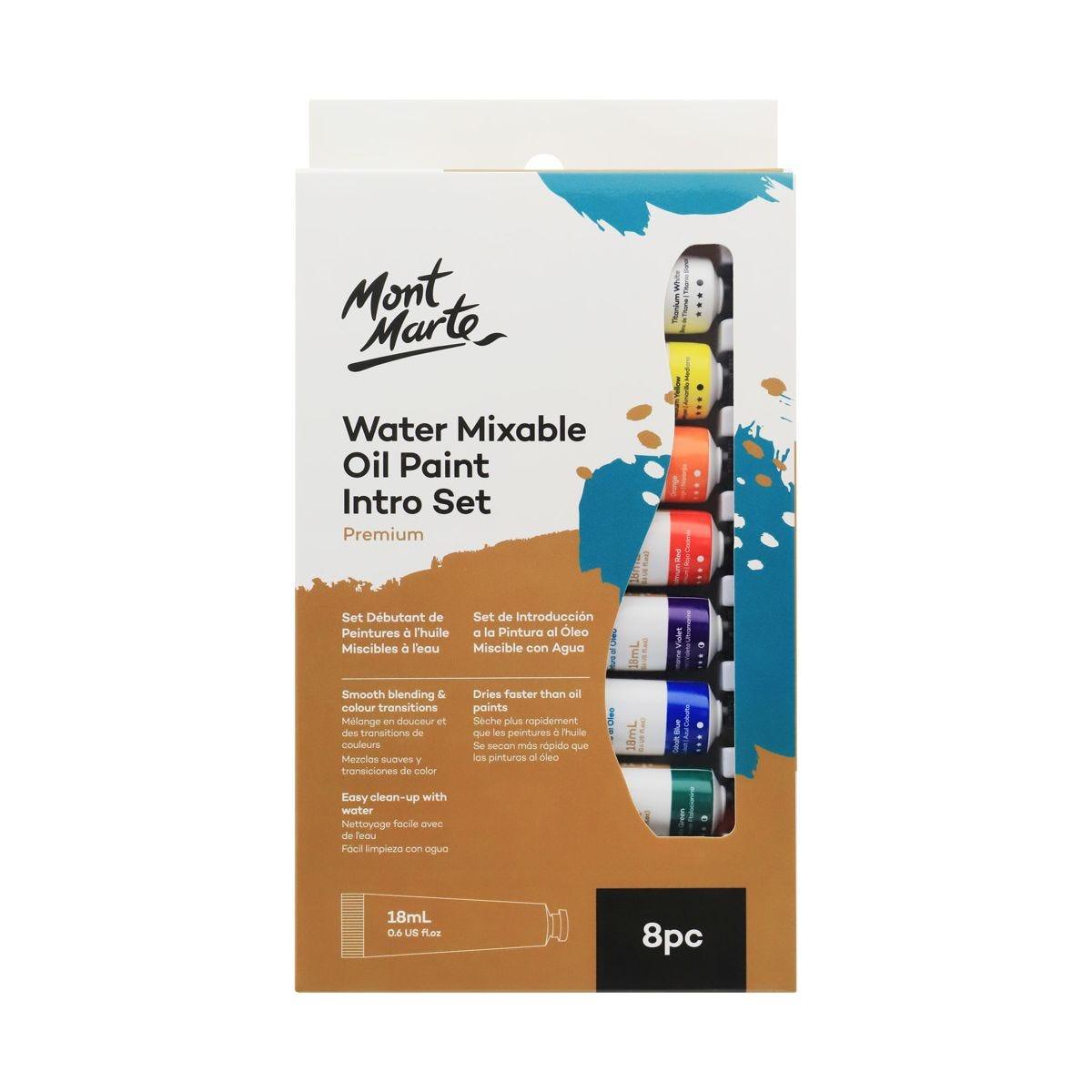 Mont Marte Water Mixable Oil Paint Intro Set Premium 8pcs x 18ml (0.6oz) - Glowish