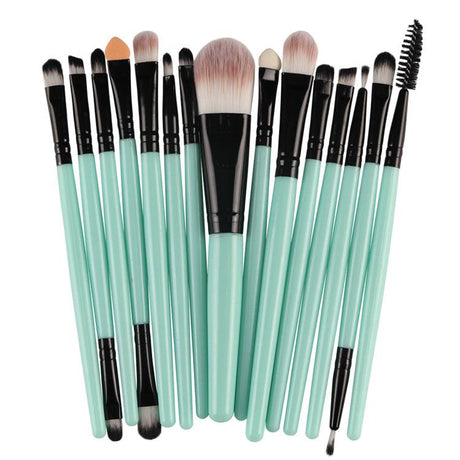 Professional 15 Pcs Cosmetic Makeup Brush Set -Black & Light Green - Glowish
