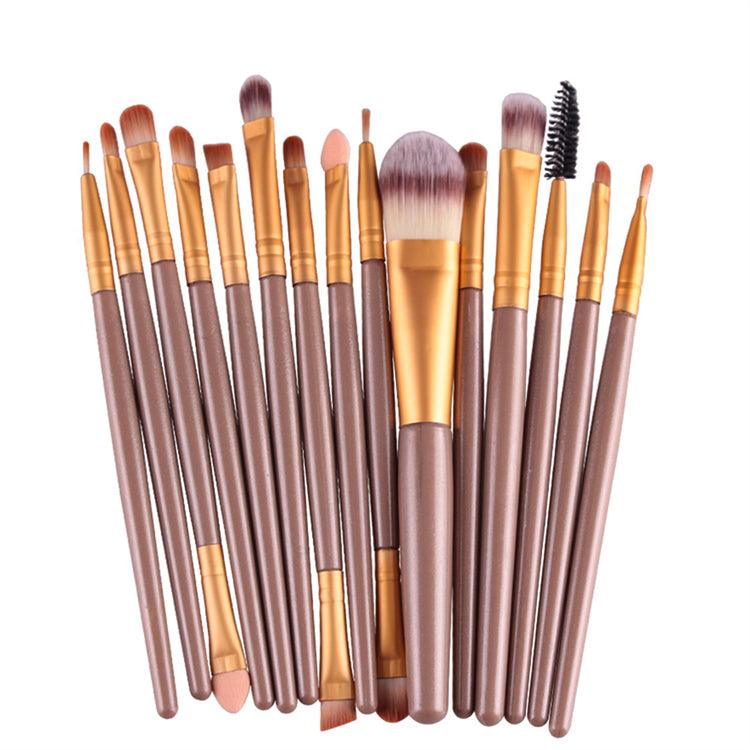 Professional 15 Pcs Cosmetic Makeup Brush Set - Gold & Lite Coffee - Glowish