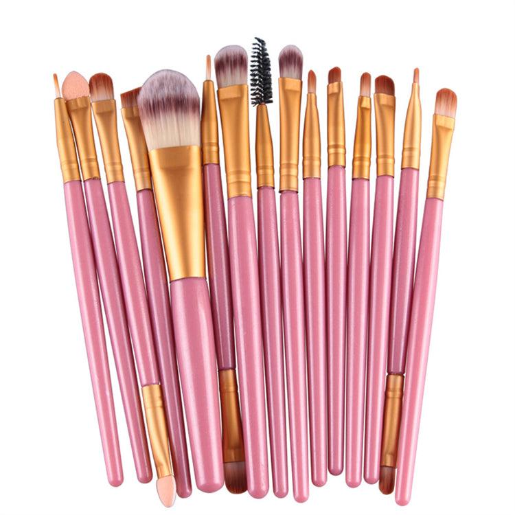 Professional 15 Pcs Cosmetic Makeup Brush Set -Gold & Pink - Glowish