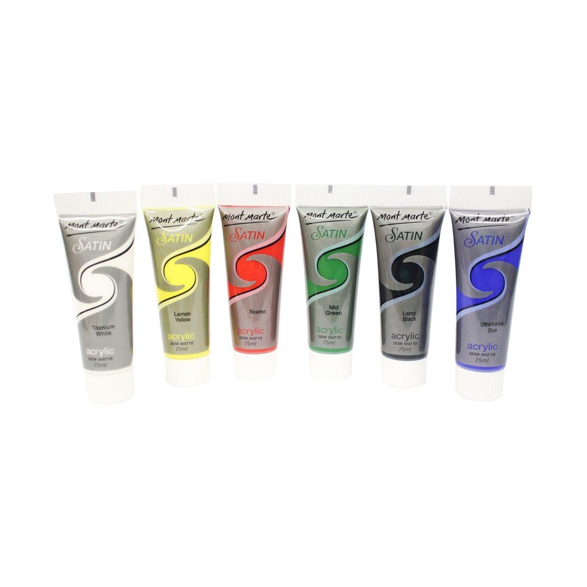 Satin Acrylic Primary Set 6pcs x 75ml (2.5oz) - Mont Marte - Glowish