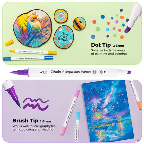 Ohuhu Akaka 72 acrylic paint markers brush and dot tips in use