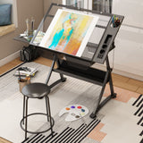 Adjustable Glass Drafting Table with Stool & Storage