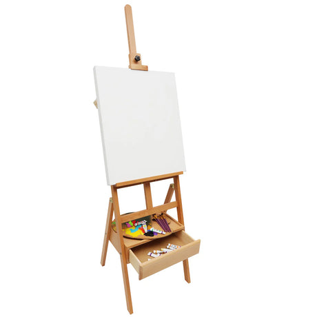 Wooden artist's easel with a white canvas, paint supplies