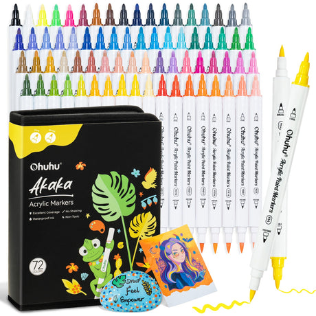 Ohuhu Akaka 72 Colors Cotton-core Brush and Fine Dual Tip Acrylic Paint Markers set