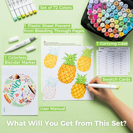 Ohuhu Honolulu 72 alcohol markers packaging contents