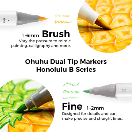 Ohuhu Honolulu B 120 alcohol markers brush and fine tips detail