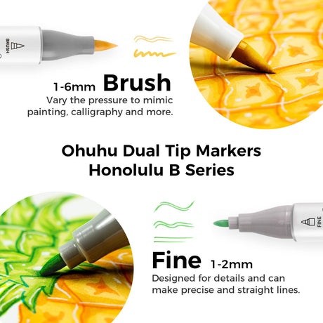 Ohuhu Honolulu B 72 alcohol markers brush and fine tips detail