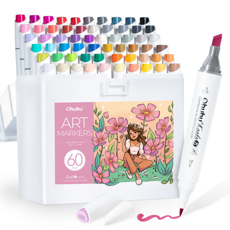Ohuhu Kaala 60 Colors Illustration Tones Brush and Slim Board Dual Tip Alcohol Markers