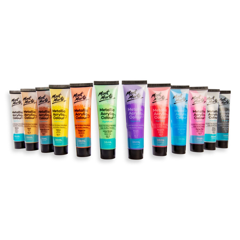 Metallic Acrylic Colour Paint Set Signature 12pc x 36ml - Mont Marte - Glowish