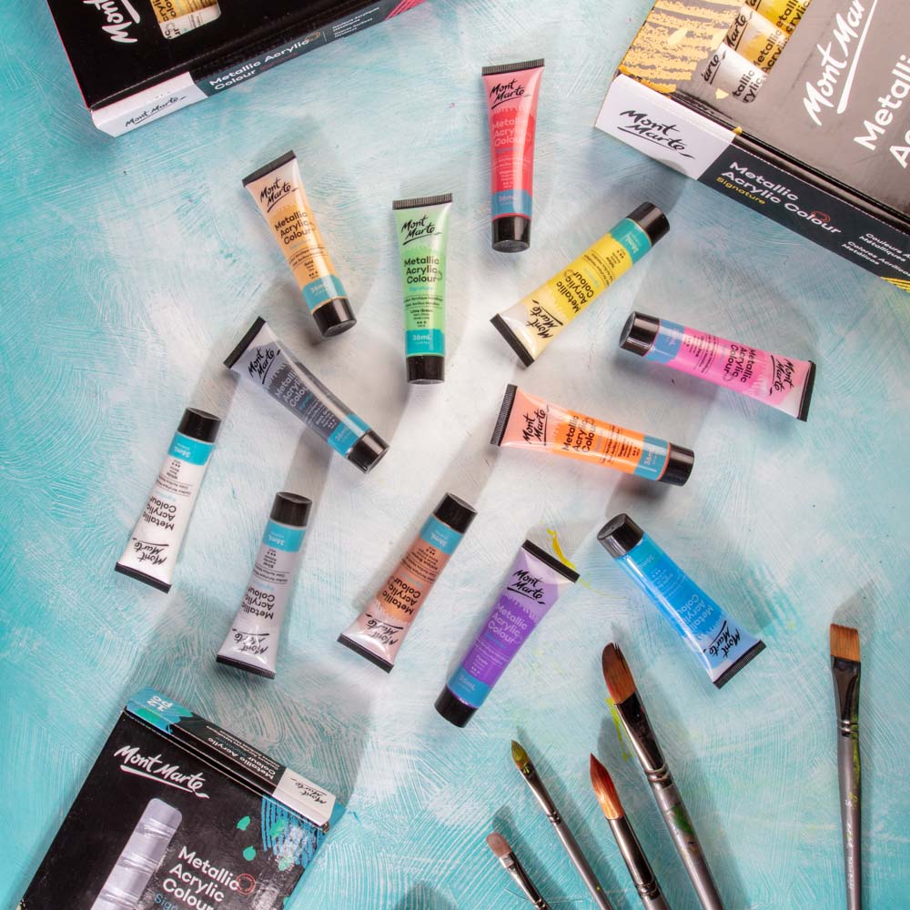 Metallic Acrylic Colour Paint Set Signature 12pc x 36ml - Mont Marte - Glowish