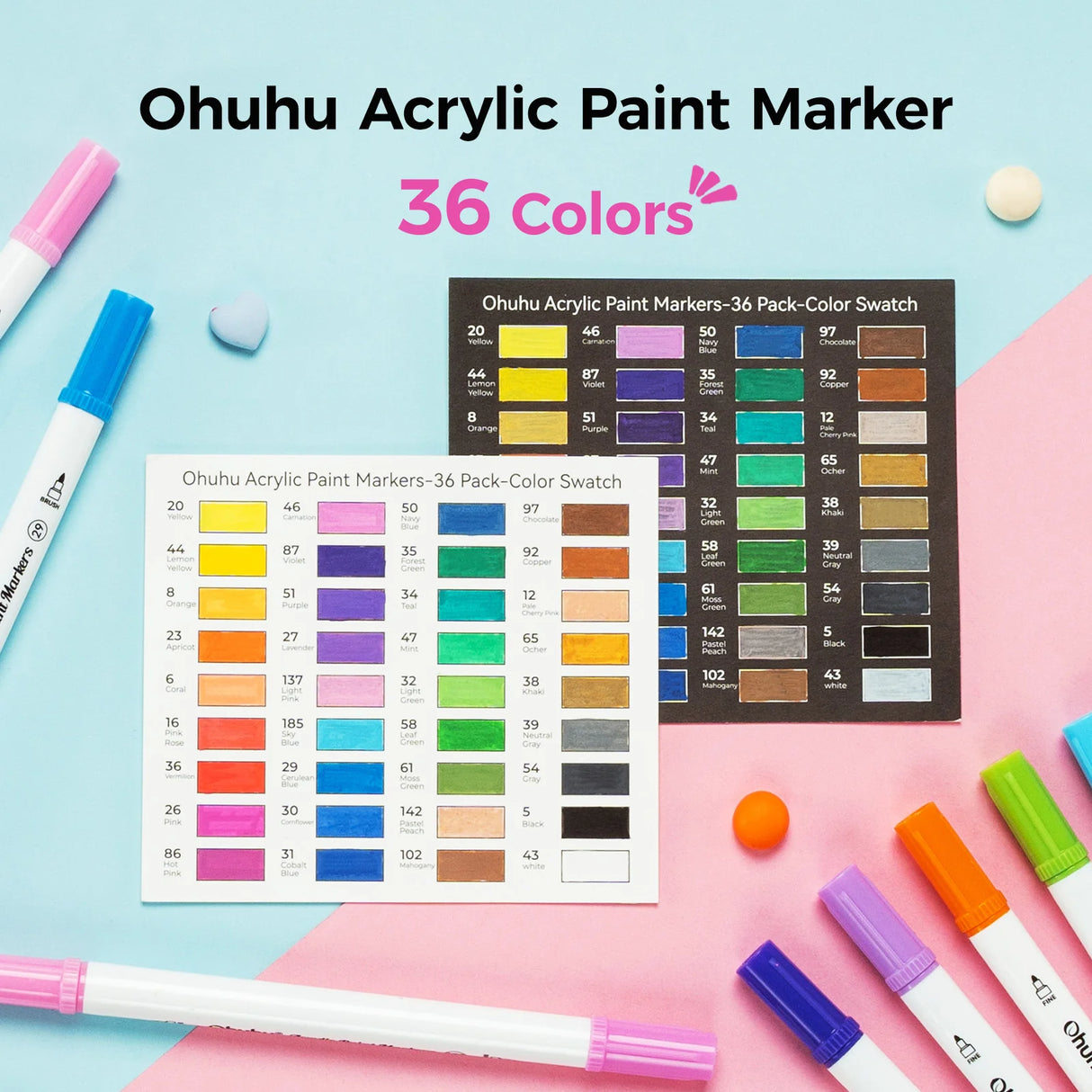 Ohuhu Acrylic Paint Markers 36 Colours, Brush & Dot Tip